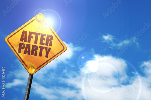 afterparty, 3D rendering, glowing yellow traffic sign photo