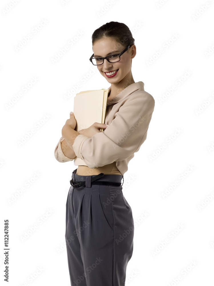 cheerful woman with folders cheerful woman with folders