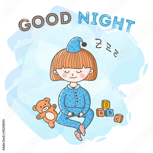 Vector sleeping girl with toys poster. Little kid good night card.