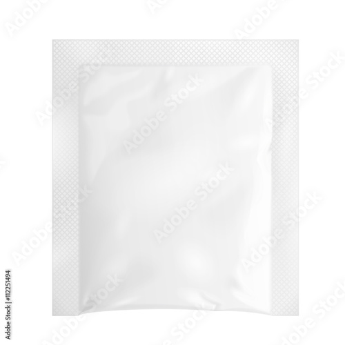 White Blank Retort Foil Pouch Packaging Medicine Drugs Or Coffee, Salt, Sugar, Pepper, Spices, Sachet, Sweets Or Condom. Isolated Mock Up Template Ready For Your Design. Product Packing Vector EPS10