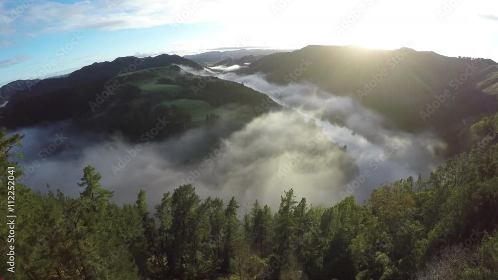 Aerial sunrise view of mist covered Whanganui River, New Zealand Aerial sunrise view of mist covered Whanganui River, New Zealand