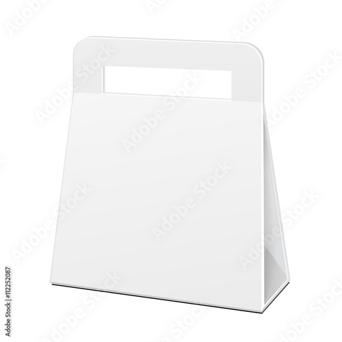 White Cardboard Carry Box Bag Packaging With Handles For Food, Gift Or Other Products. Illustration Isolated. Mock Up Template Ready For Your Design. Vector EPS10