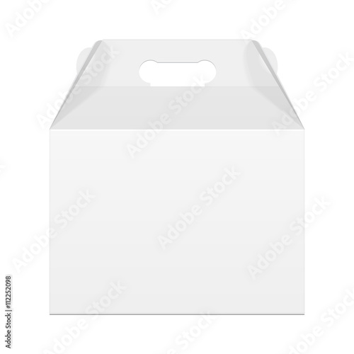 White Cardboard Carry Box Packaging For Food, Gift Or Other Products. On White Background Isolated. Mock Up, Mockup Template Ready For Your Design. Vector EPS10