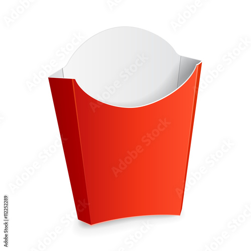 French Fries Red White Paper Box. Fast Food. Illustration Isolated On White Background. Mock Up Template Ready For Your Design. Vector EPS10