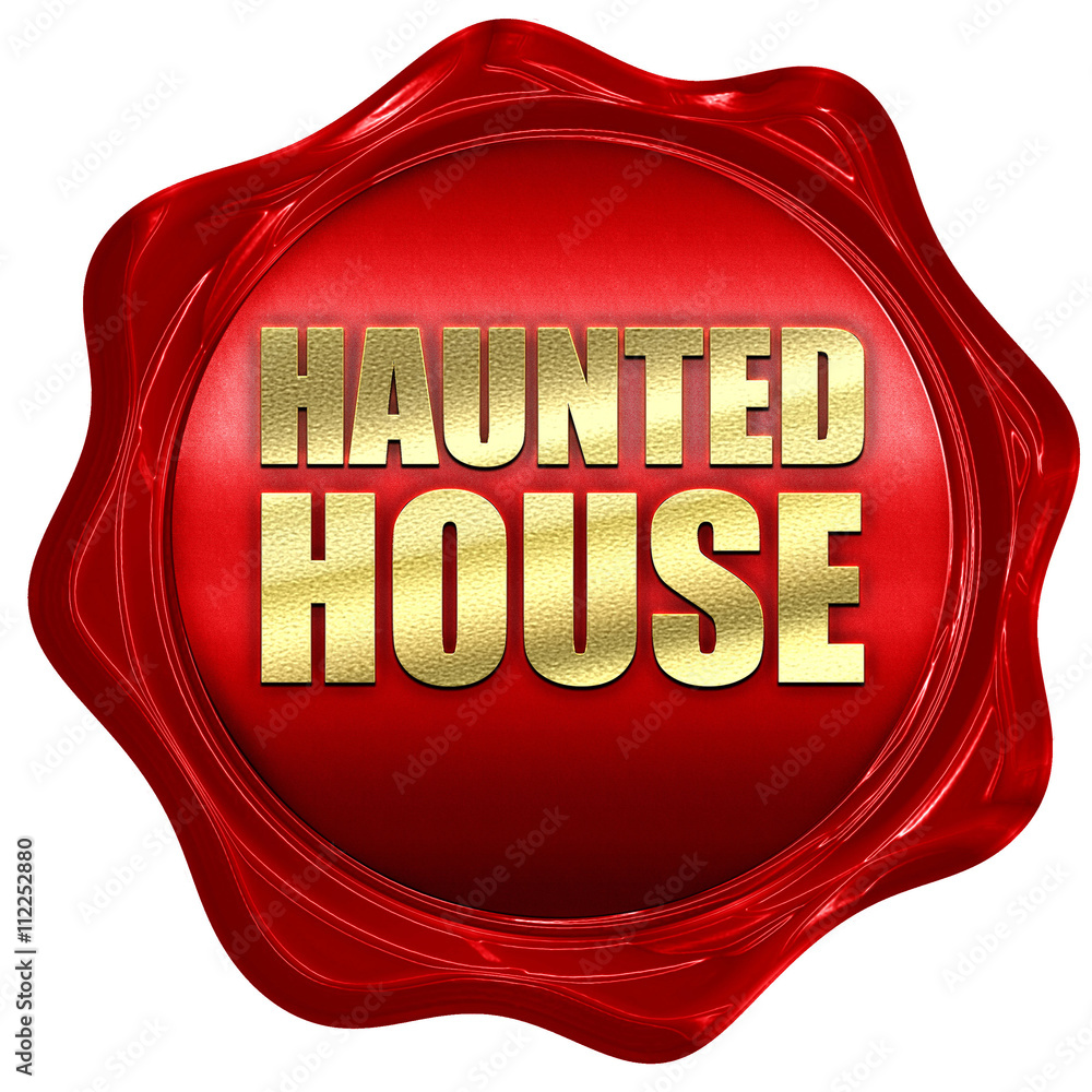haunted house, 3D rendering, a red wax seal haunted house, 3D rendering, a red wax seal