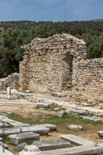 Panorama to Ruins of ancient church in Archaeological site of Aliki, Thassos island, East Macedonia and Thrace, Greece