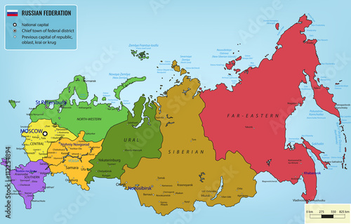Russian Federation map with selectable territories. Vector