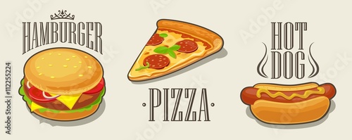 Hamburger, pizza, hotdog. Set fast food. Vector isolated flat illustration for poster, menus, brochure, web and icon