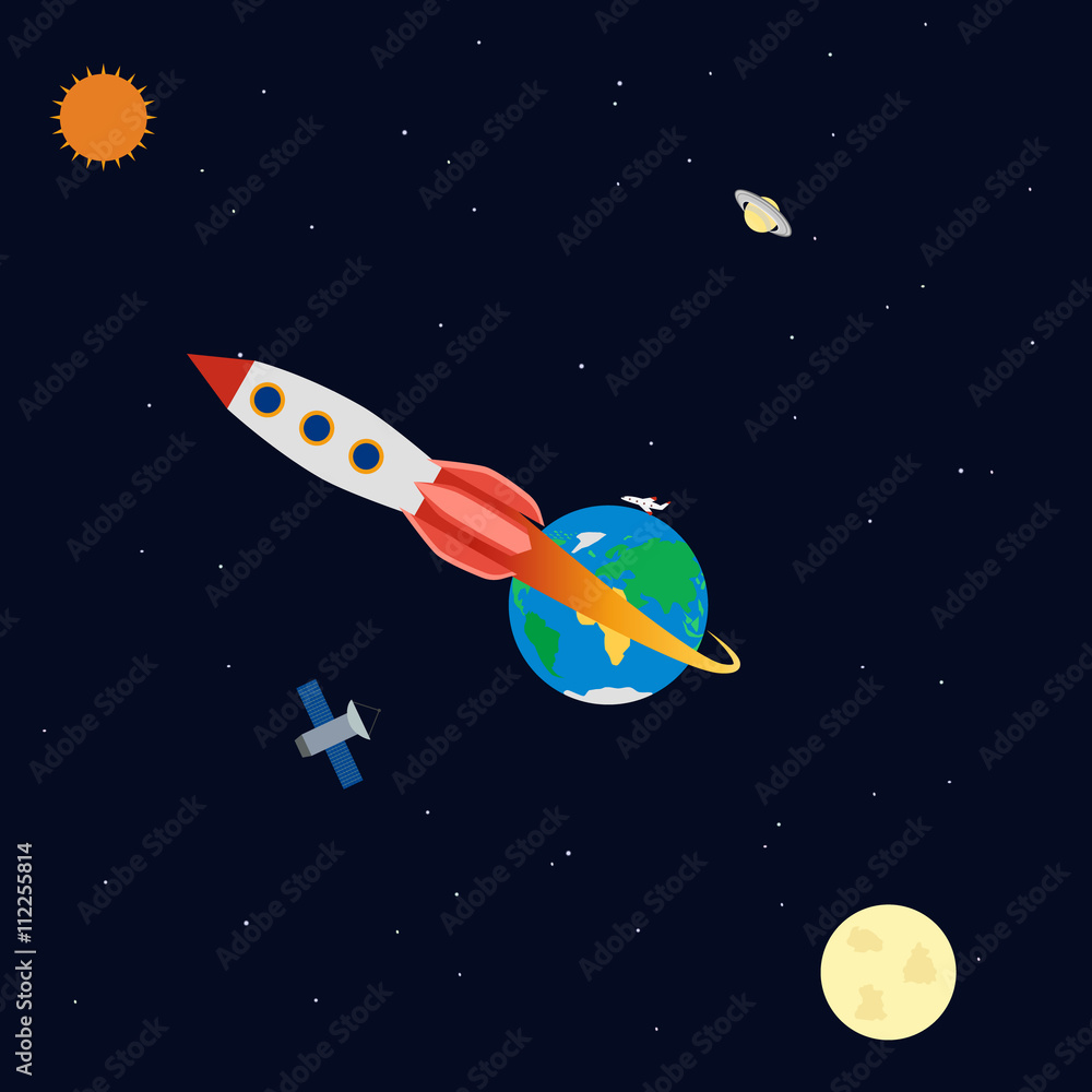 vector illustration. Banner space with planets, rocket, satellite, aircraft. Earth, Saturn, sun, moon. Infographics vector illustration. Banner space with planets, rocket, satellite, aircraft. Earth, Saturn, sun, moon. Infographics