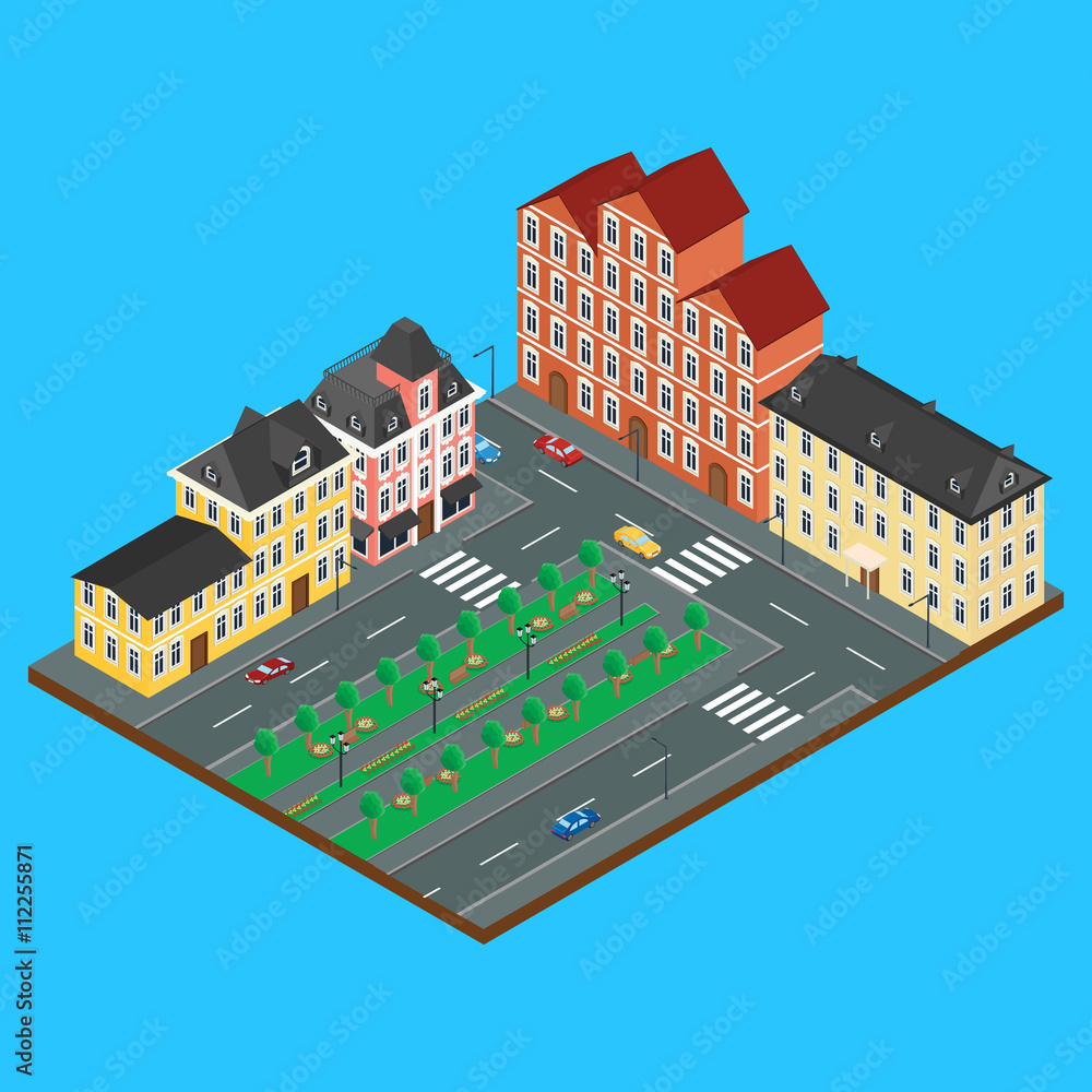vector illustration. the building of old architecture. Alley in the Park. City street with cars. Infographics, isometric, 3D