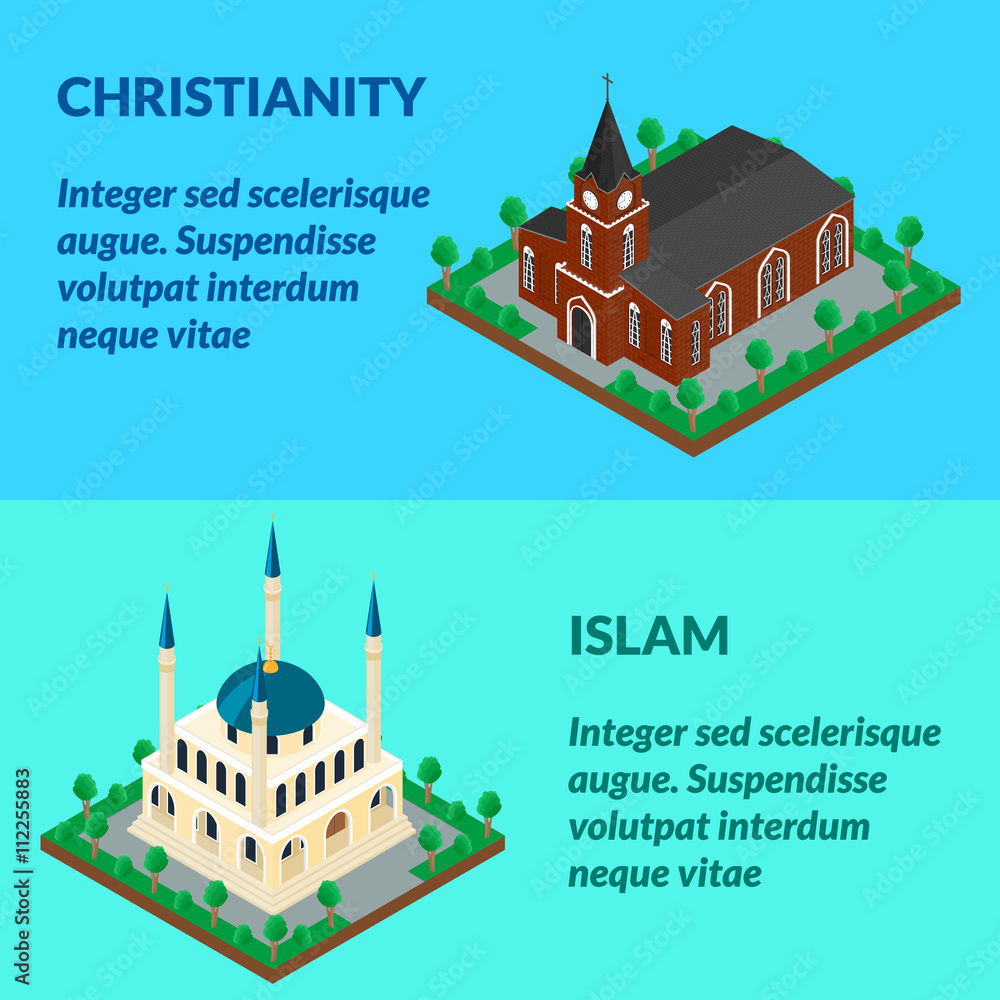 vector illustration. Web banner brick building of the Catholic Church, a Muslim mosque. Isometric, infographics, 3D