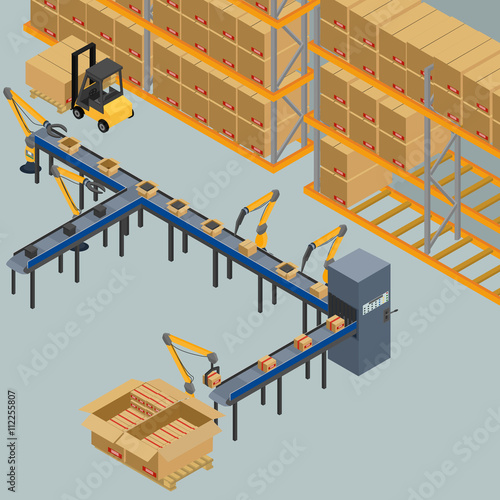 vector illustration. automatic belt conveyor,  production line. robots shift boxes, packaging. isometric, infographics, 3D