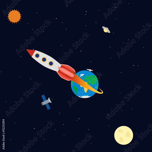 vector illustration. Banner space with planets, rocket, satellite, aircraft. Earth, Saturn, sun, moon. Infographics © kalen