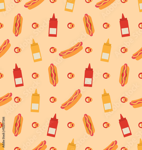 Seamless Pattern with Hot Dogs, Bottles of Mustard and Ketchups