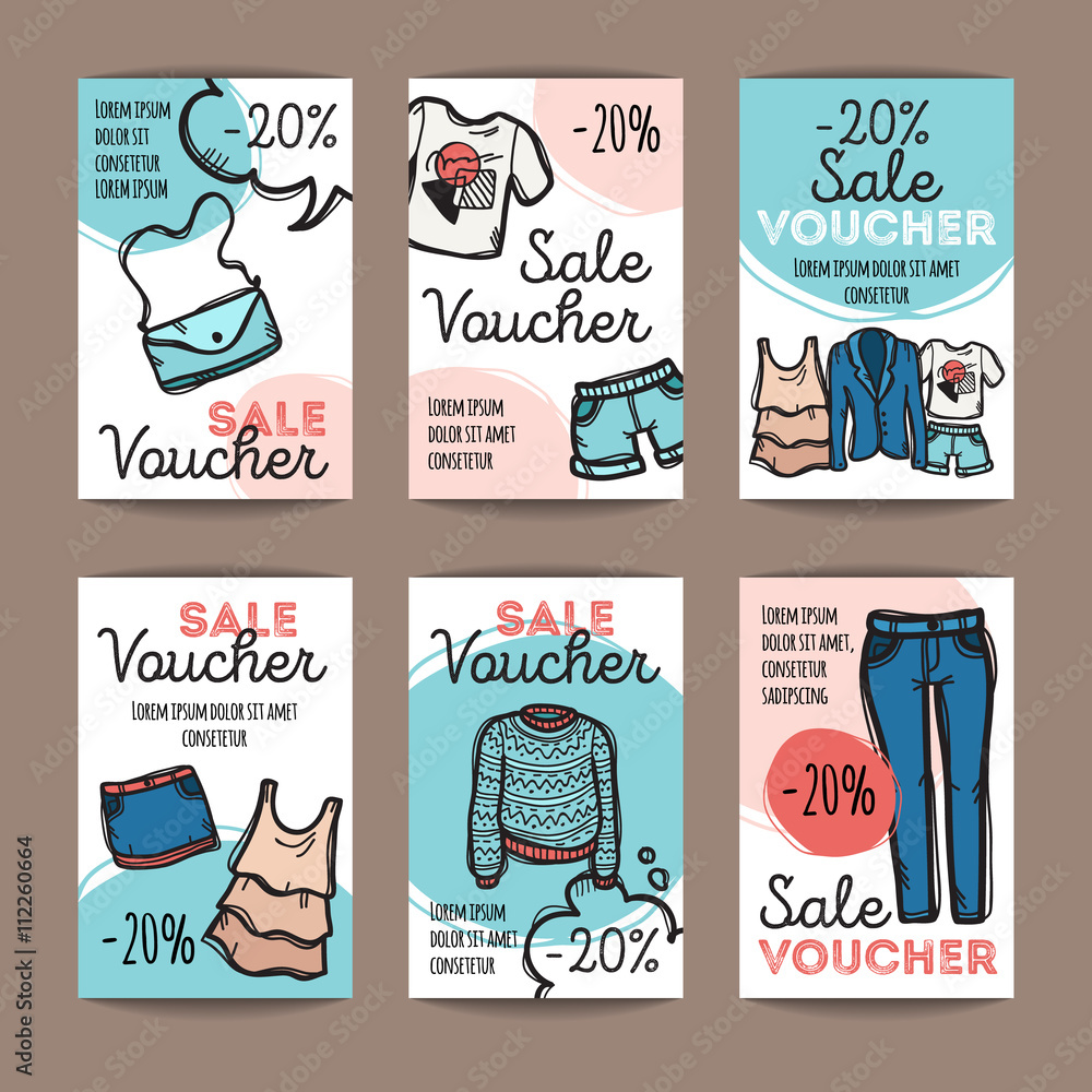 Vector set of discount coupons for woman clothes and accessories. Colorful  doodle style voucher templates. Fashion store promo offer cards. Stock  Vector | Adobe Stock