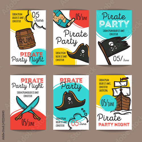 Vector set of funny party flyers. Colorful doodle style pirate night banners templates.