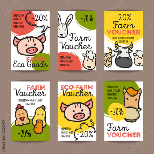 Vector set of discount coupons for eco food goods. Colorful doodle style voucher templates. Farm products store promo offer cards.