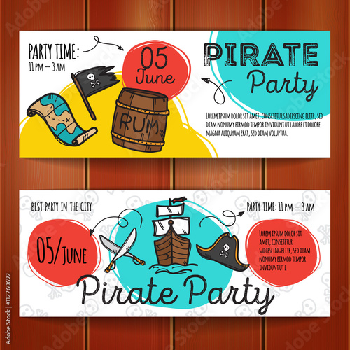 Vector set of funny party flyers. Colorful doodle style pirate night banners templates.