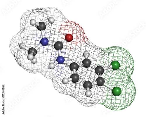 Diuron (DCMU) herbicide molecule. 3D rendering.  photo