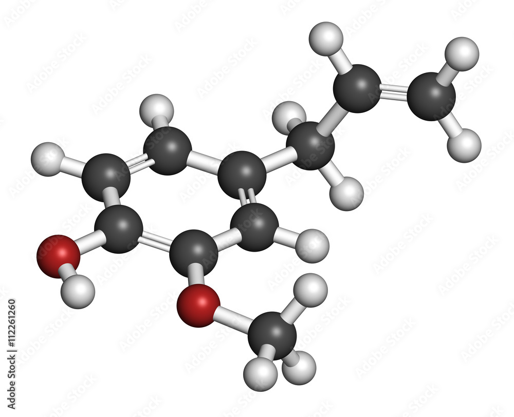 Eugenol herbal essential oil molecule. Present in cloves, nutmeg, etc Eugenol herbal essential oil molecule. Present in cloves, nutmeg, etc