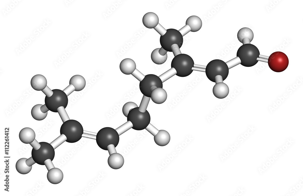 Geranial lemon fragrance molecule. 3D rendering. Geranial lemon fragrance molecule. 3D rendering.