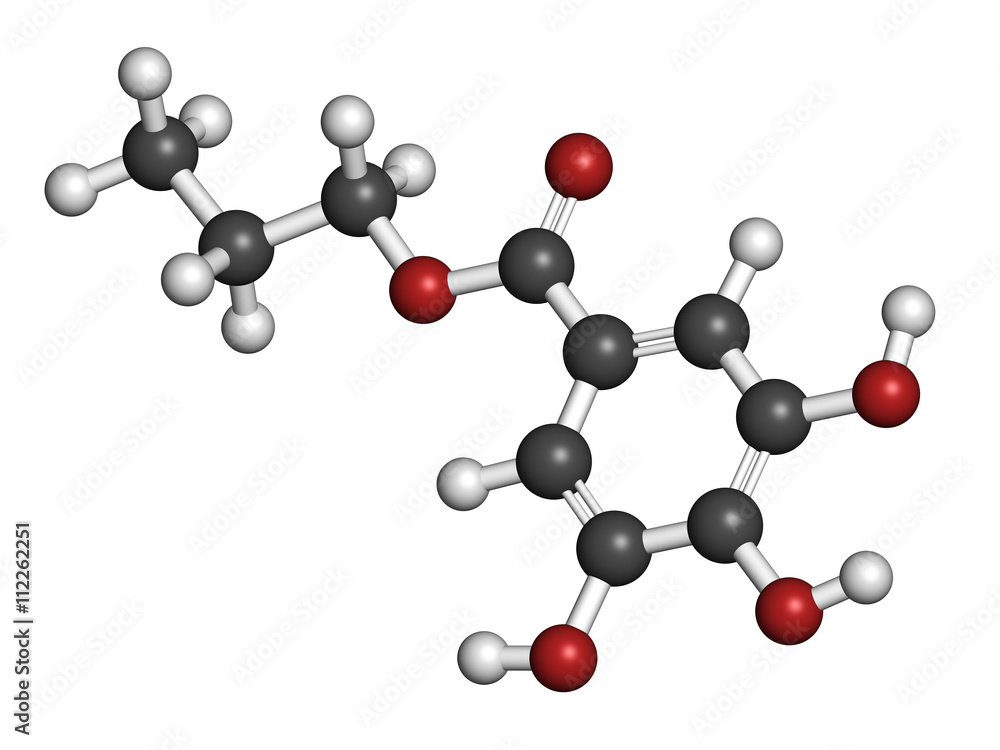 Propyl gallate antioxidant food additive molecule. 3D rendering. Propyl gallate antioxidant food additive molecule. 3D rendering.