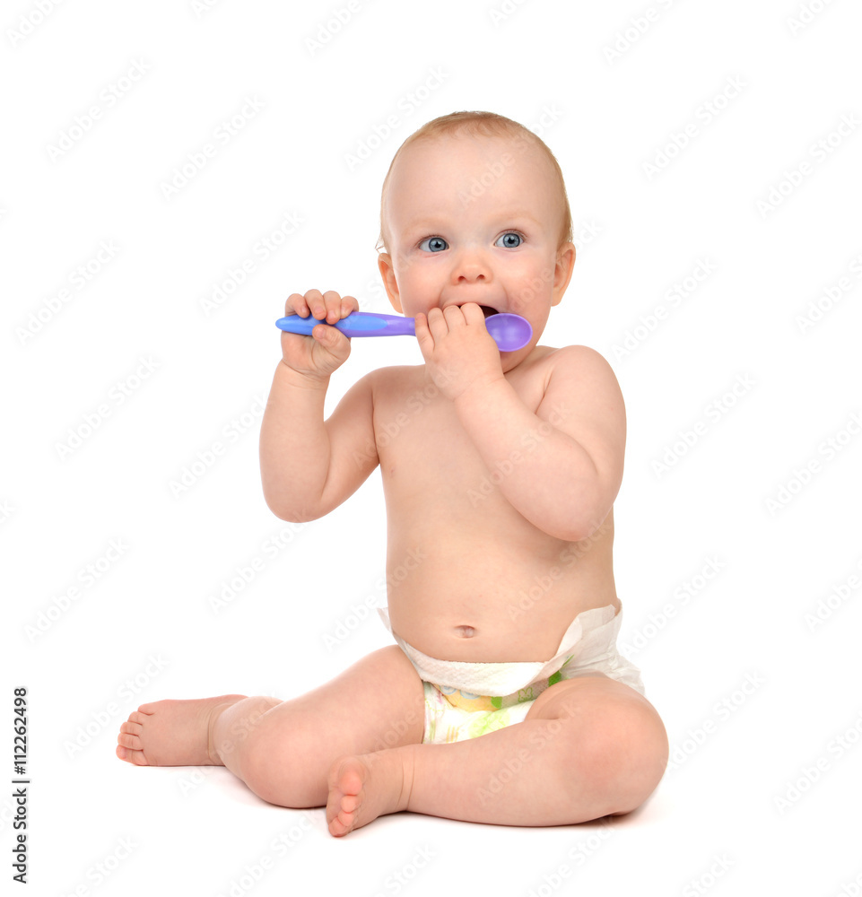 infant child toddler kid sitting eating purple spoon sitting iso infant child toddler kid sitting eating purple spoon sitting iso