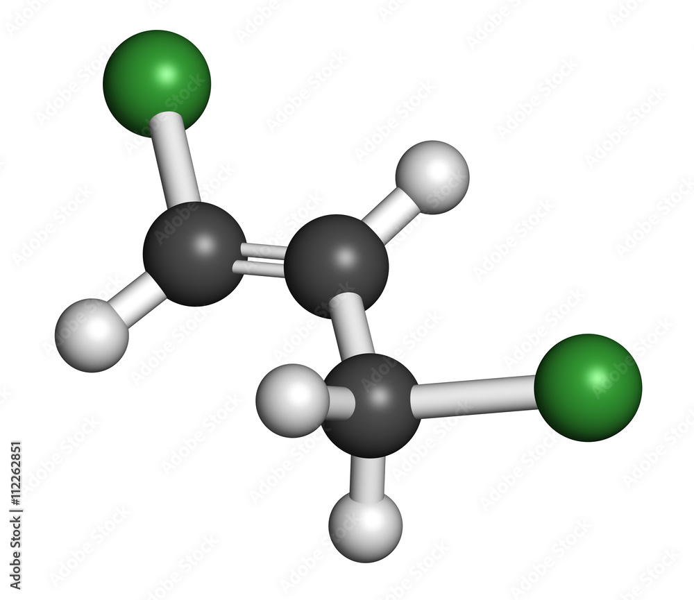 trans-1,3-dichloropropene (dichloropropene) pesticide molecule. trans-1,3-dichloropropene (dichloropropene) pesticide molecule.