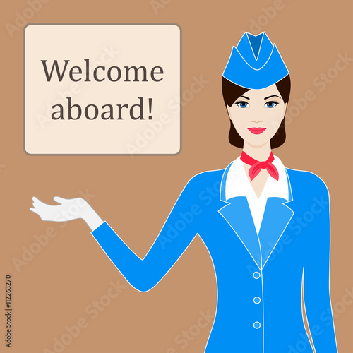 Illustration of stewardess welcoming for flight with space for text
