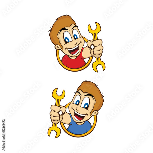 happy guy smile cartoon holding mechanic tool