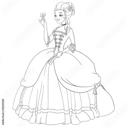 Outlined rococo lady in antique dress.Coloring page vector illustration.