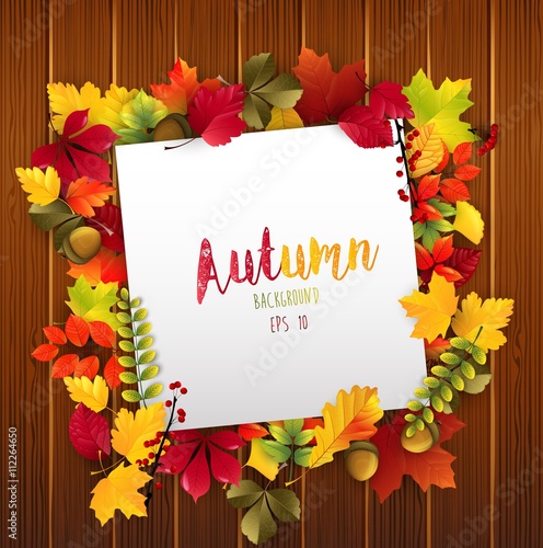 Paper design with autumn leaves and acorns on wood background