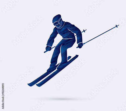 Skier action designed using blue grunge brush graphic vector.