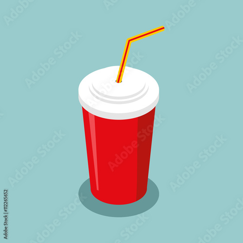 Red disposable paper cup with straw isometrics. Drink fast food