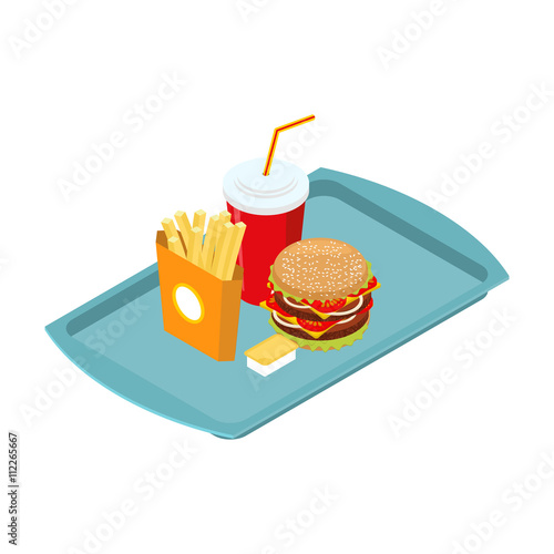 Fast food set on tray isometric. Frying potatoes. Big hamburger.