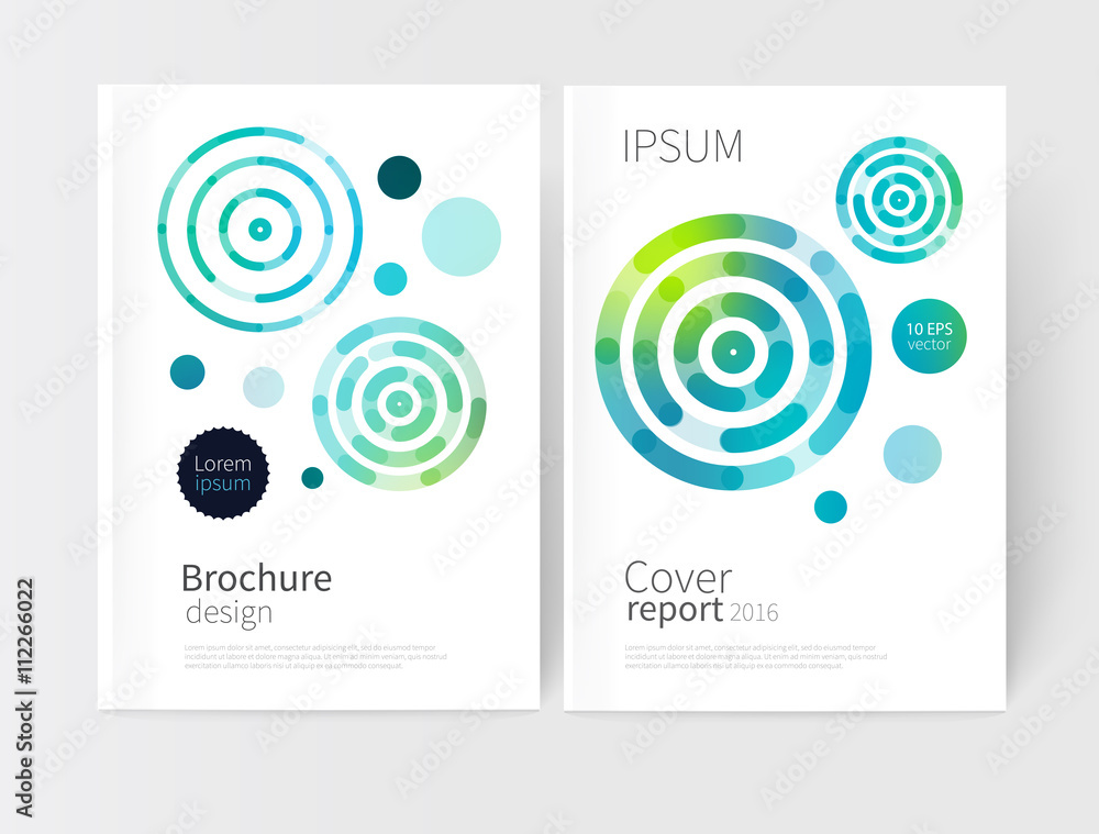 modern abstract geometric background. blue,yellow & green concentric circles. White Cover design template business brochure, booklet, leaflet, magazine. template advertisement. vector 10 EPS