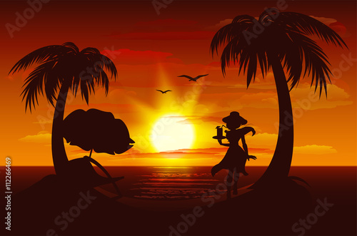 Evening sunset on sea. Sea, palm trees, silhouette of girl with drink