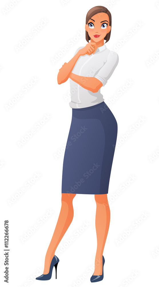 Fototapeta premium Thoughtful business woman. Cartoon vector illustration isolated on white background.