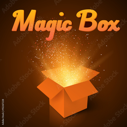 Illustration of Magic Box with Confetti and Magic Light. Realistic Magic Open Box. Magic Gift Box with Magic Light Comming from Inside