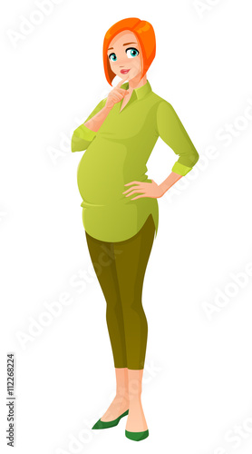 Beautiful pregnant redhead woman thinking. Cartoon vector illustration isolated on white background.