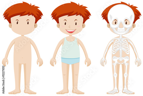 Little boy and skeleton structor