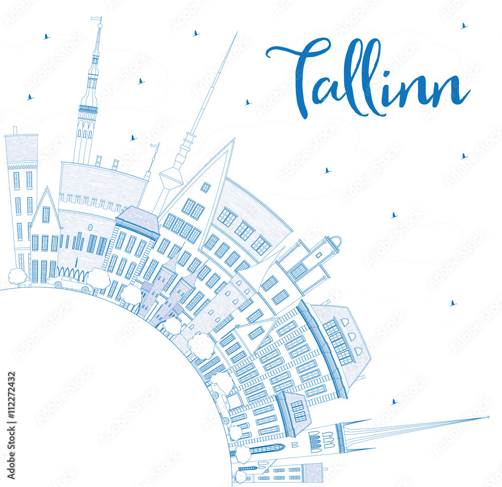 Outline Tallinn Skyline with Blue Buildings and Copy Space.