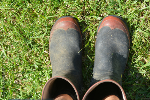 Schilderij op canvas Mans gardening gumboots on green grass