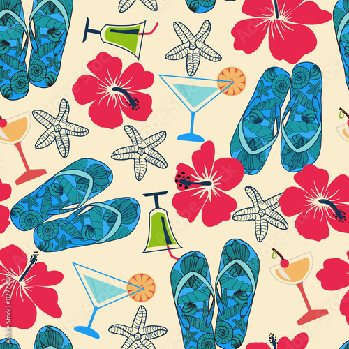  texture with beach objects: hibiscus, cocktail, sea star, flip