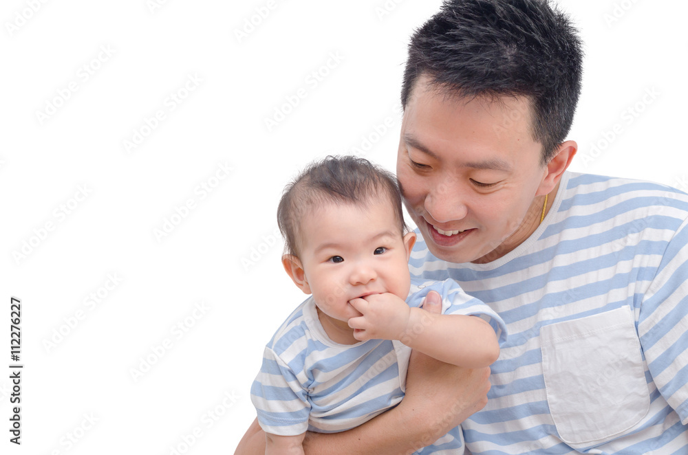 Young asian father with his child isolated over white Young asian father with his child isolated over white