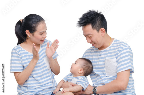 Young asian parent with their child isolated over white