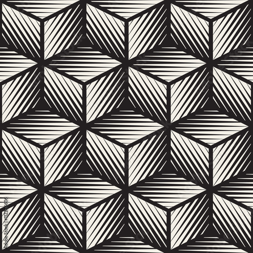 Vector Seamless Black And White Cube Shape Lines Engravement Geometric Pattern