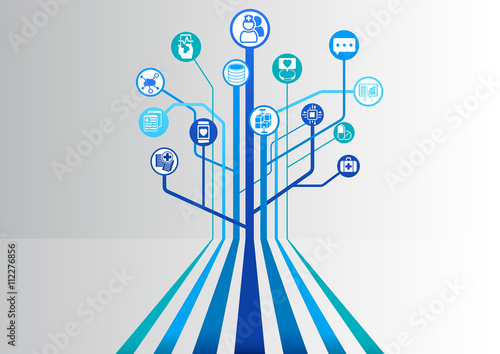 Digital health and hospital blue background as vector illustration with parallel lines branching out into a tree structure