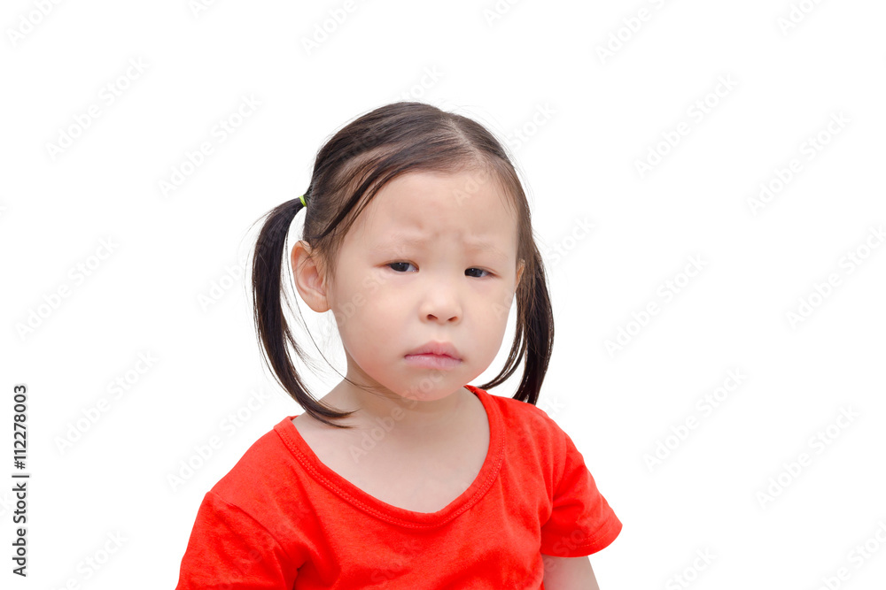 Little asian girl with unhappy face over white background Little asian girl with unhappy face over white background