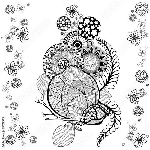 The Zen-art of the pomegranate flowers. Composition with the garnet style of zentangle. Vector illustration.